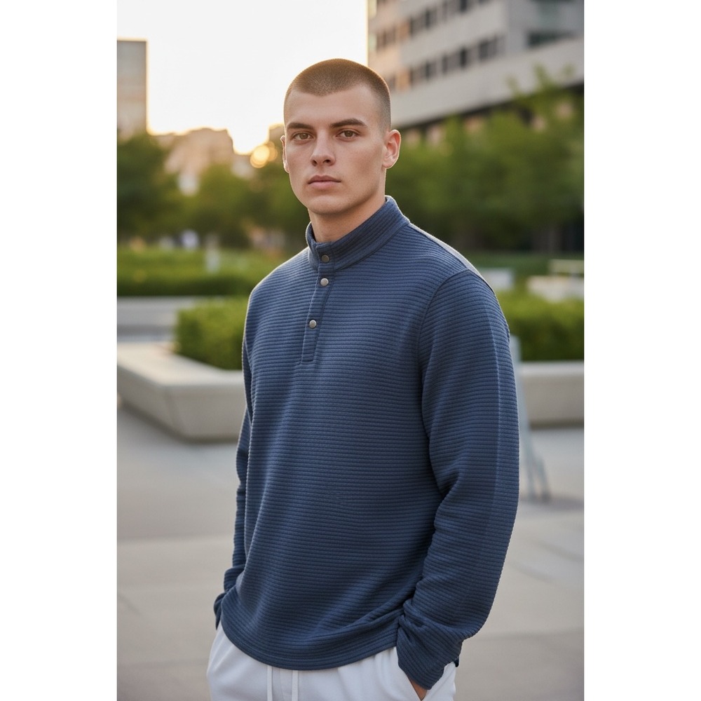 607 Magaschoni Mens Navy Heather Ribbed Quarter Snap Mock Neck Pullover   M